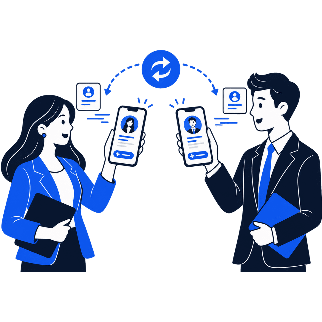 Two people exchanging contact details by scanning a phone
