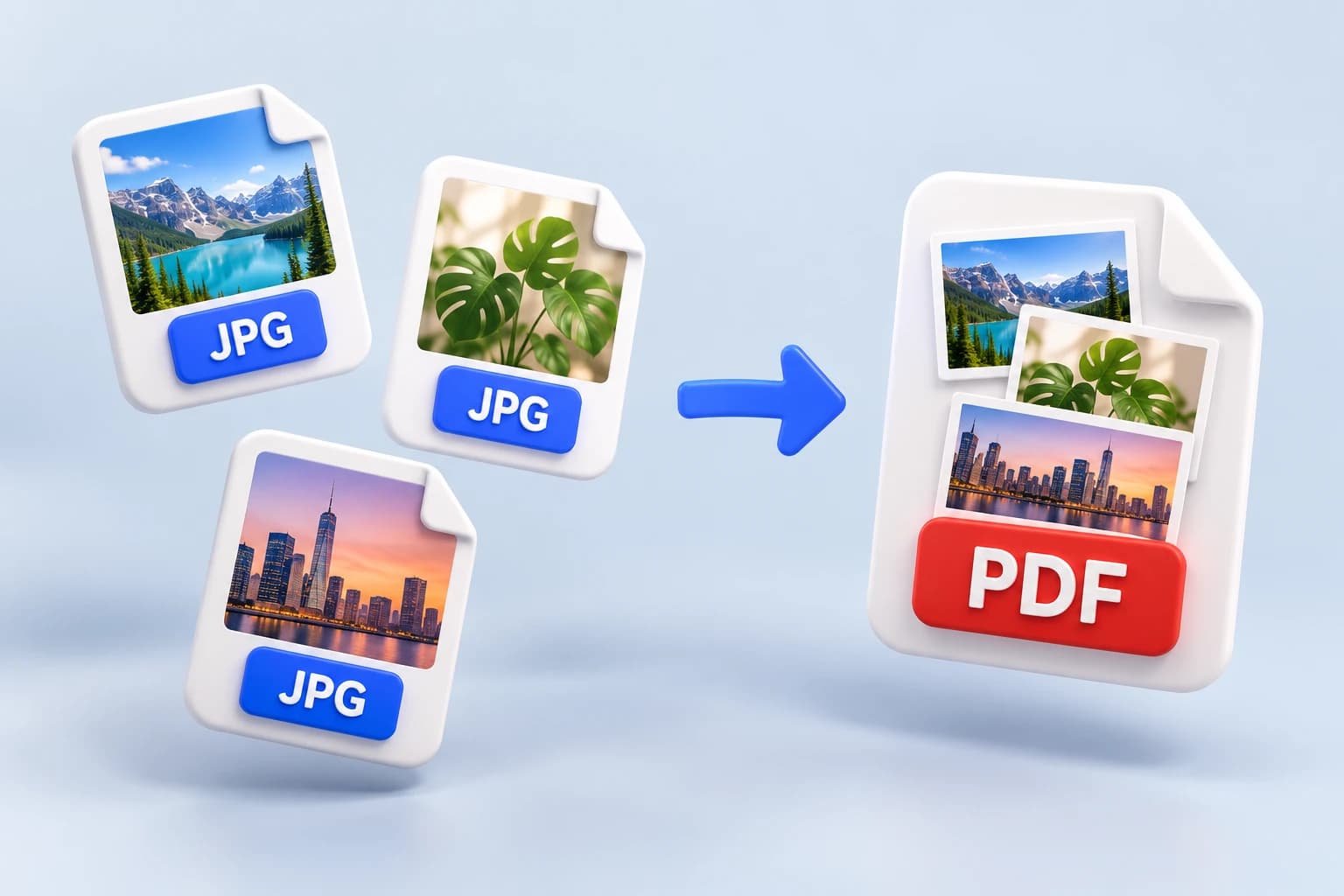 Three JPG photo files turning into one PDF file holding the photos