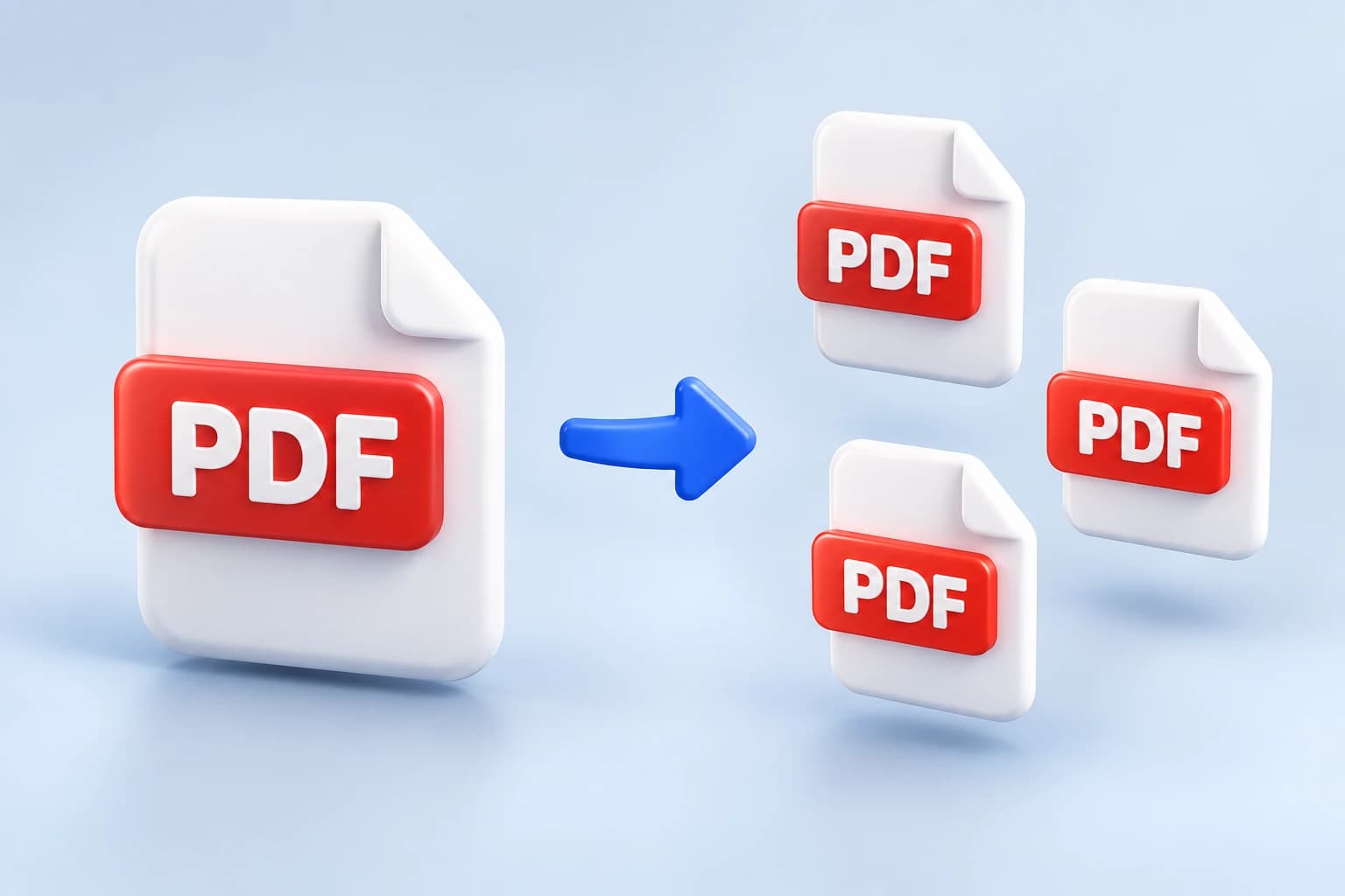One PDF file icon separating into three smaller PDF files