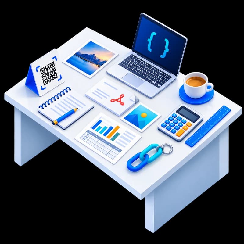 A desk laid out with the toolkit's jobs: a QR code on a phone, documents, images, a calculator, and a chain of links