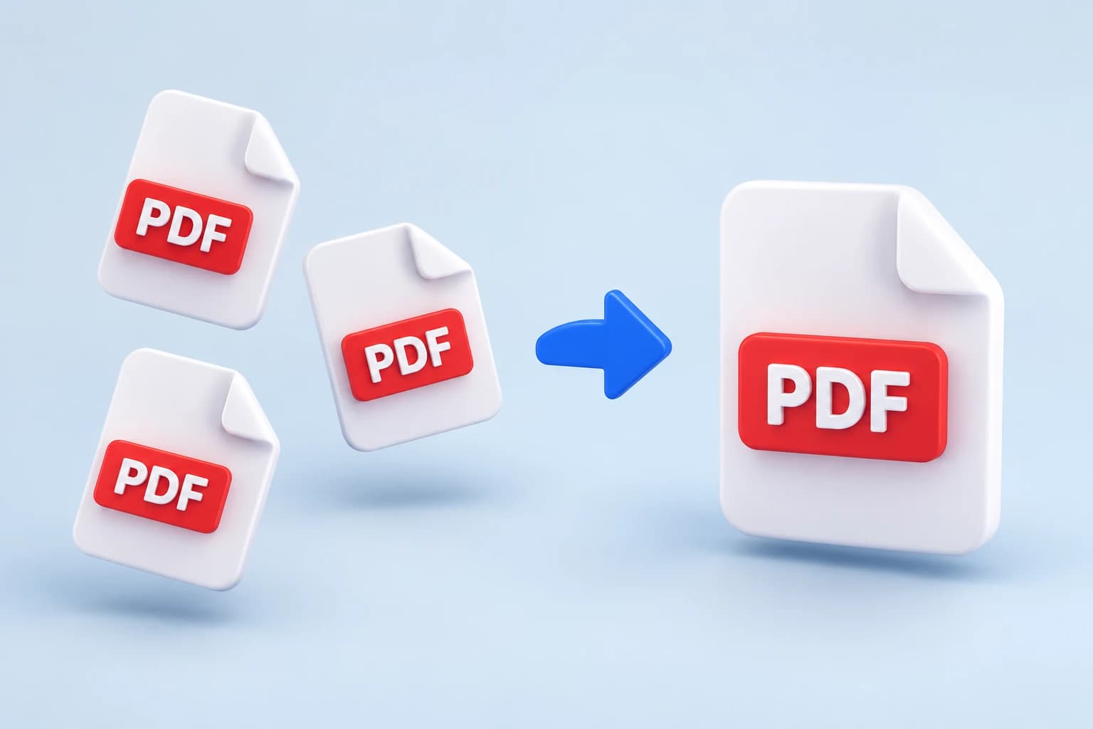 Three PDF file icons combining into one PDF file